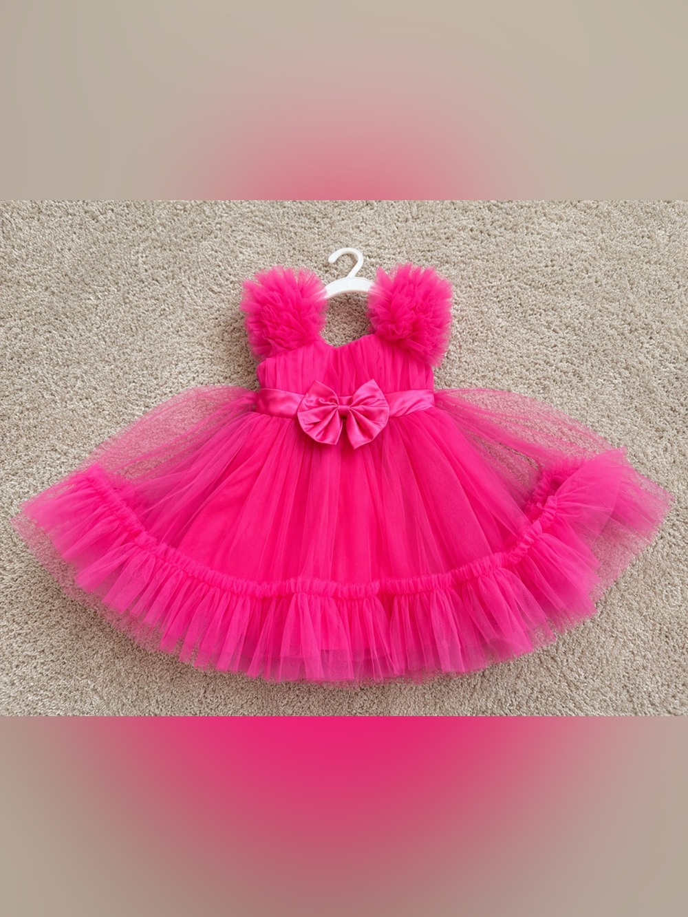 SHEIN Bright Pink Tulle Dress with Bow and Ruffled Straps